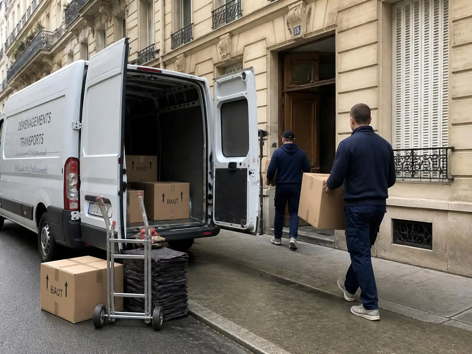 Déménagement à Strasbourg : utilitaire ouvert, cartons et couvertures devant un immeuble ancien
