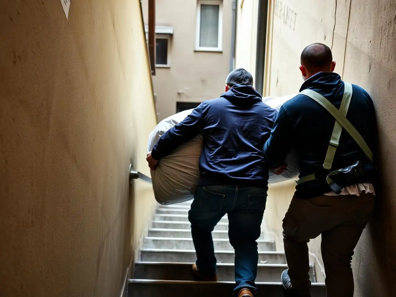 Déménagement à Strasbourg : deux intervenants portant un meuble emballé dans un escalier étroit
