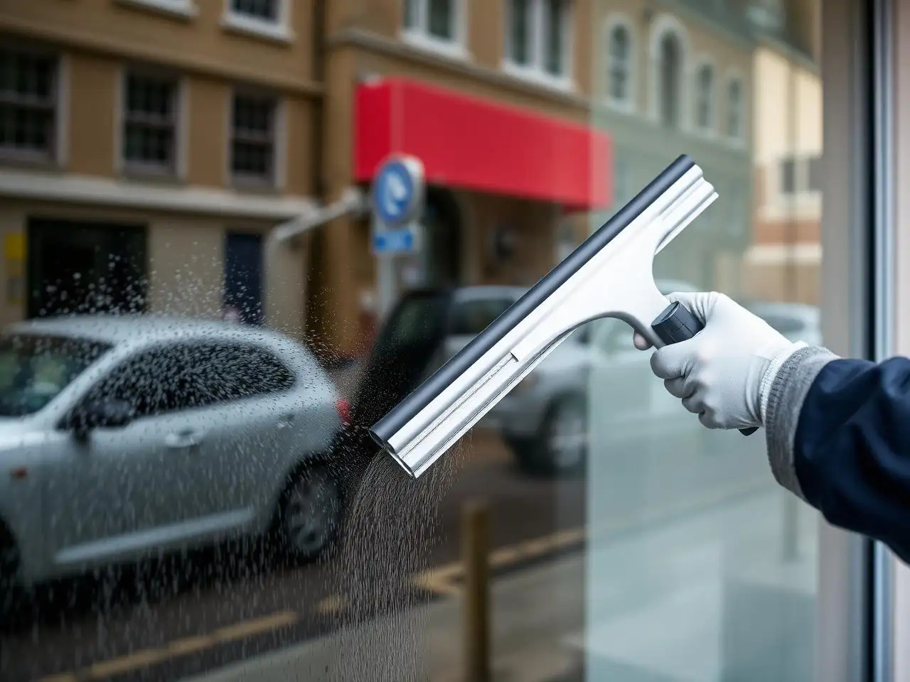 Nettoyage d'une vitrine à Strasbourg à la raclette professionnelle